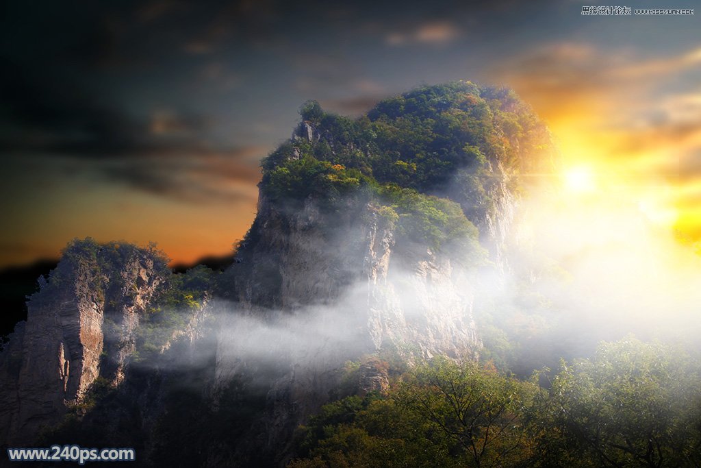 用PS给大山照片添加黄昏和云雾效果