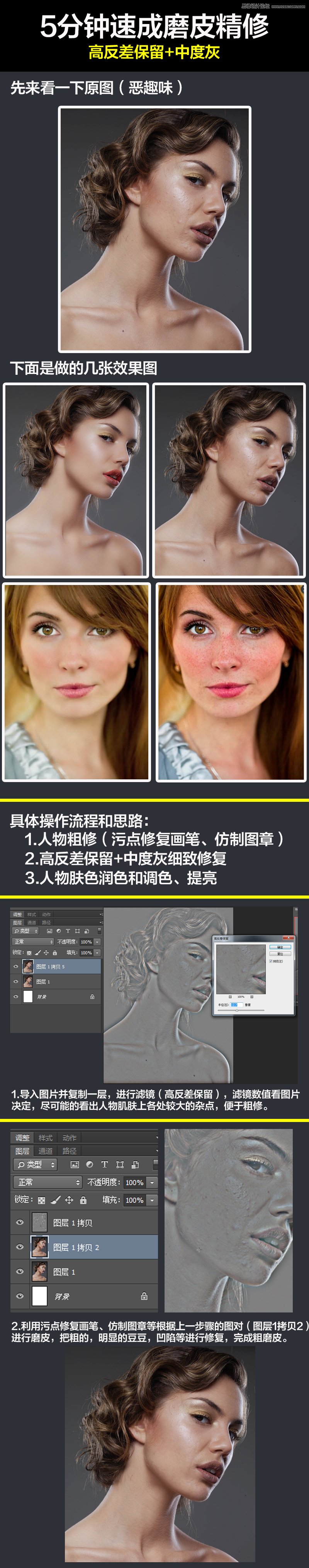 使用ps高反差保留和中性灰给人像磨皮