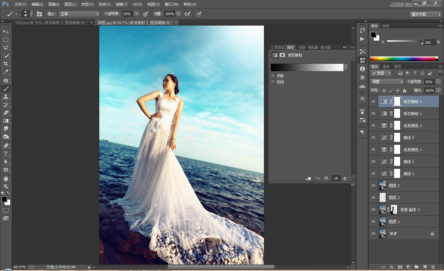 PS调出海边婚纱照片蓝绿色艺术效果