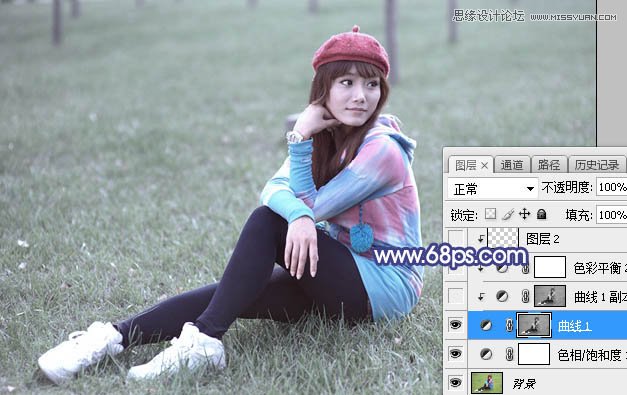 ps调出草地清纯女孩蓝色艺术效果