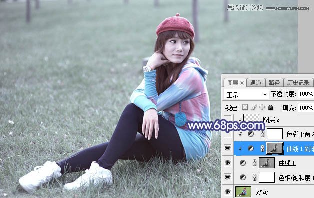 ps调出草地清纯女孩蓝色艺术效果