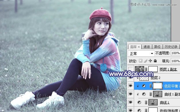 ps调出草地清纯女孩蓝色艺术效果