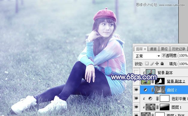 ps调出草地清纯女孩蓝色艺术效果