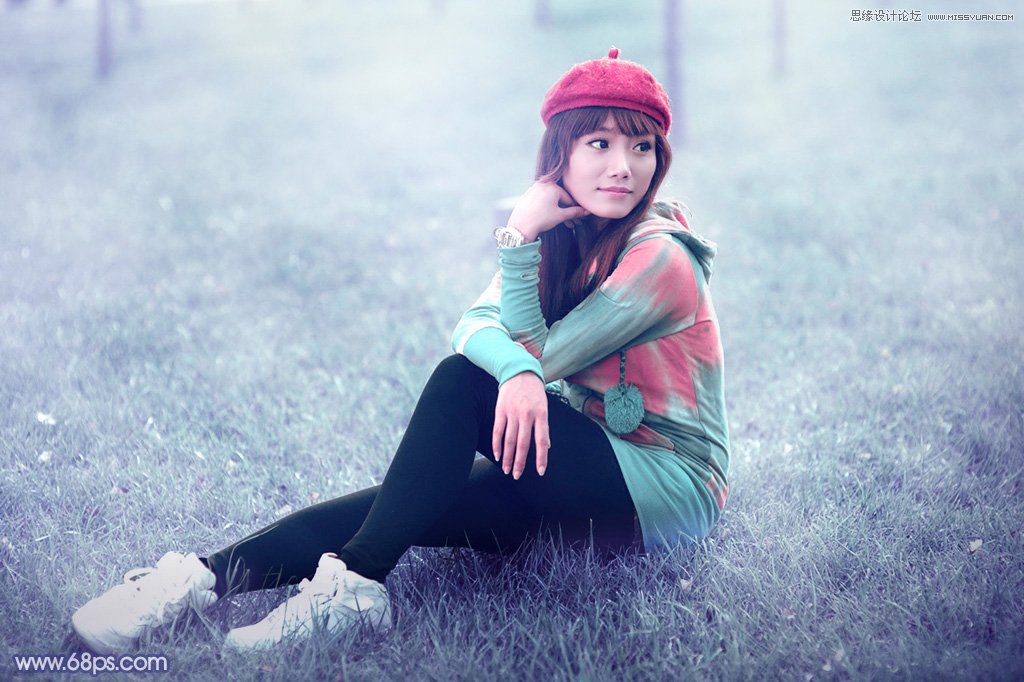 ps调出草地清纯女孩蓝色艺术效果