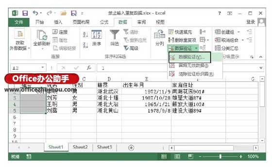 通过对数据有效性的设置禁止Excel2013单元格中数据的重复输入