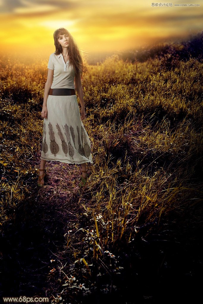 ps给外景欧美人像添加夕阳美景效果