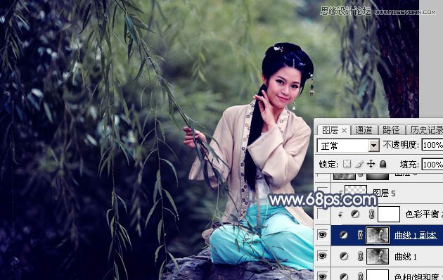 PS调出中国风美白外景艺术蓝色调