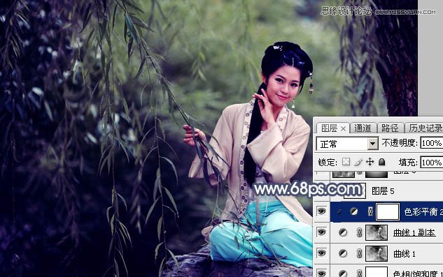 PS调出中国风美白外景艺术蓝色调