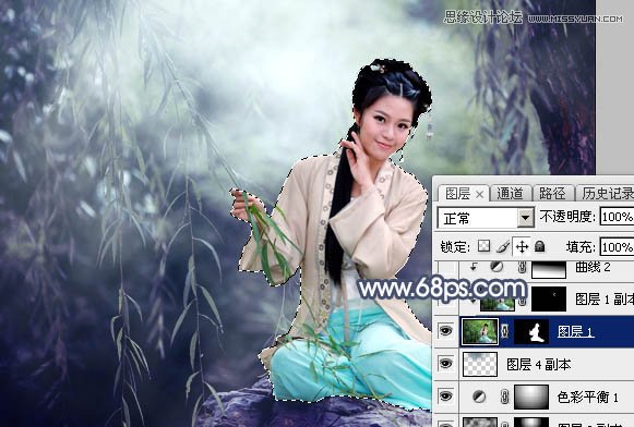 PS调出中国风美白外景艺术蓝色调