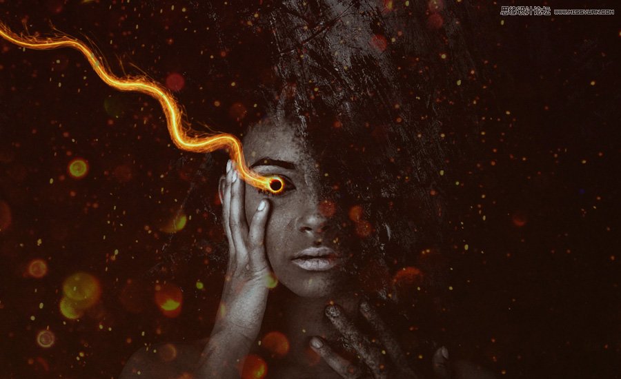 PS合成创意的火焰光线眼球的少女