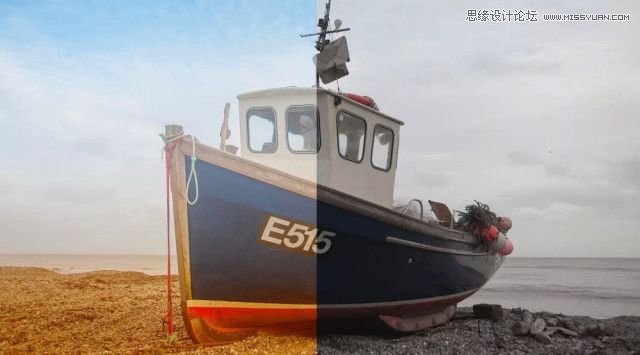 PS给海边轮船照片添加金黄色效果