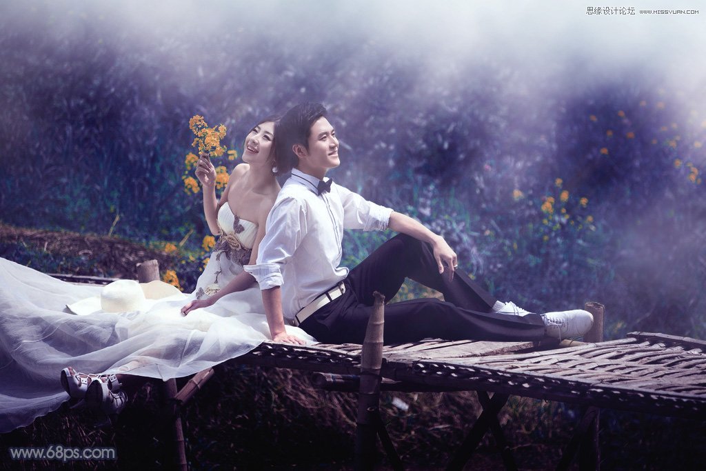 PS调出河边婚纱照梦幻蓝色调