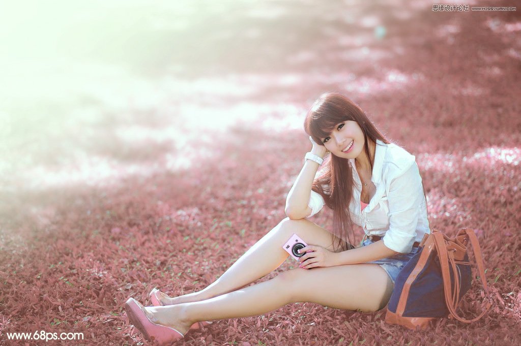 PS调出草地女孩唯美的粉色效果