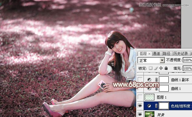 PS调出草地女孩唯美的粉色效果