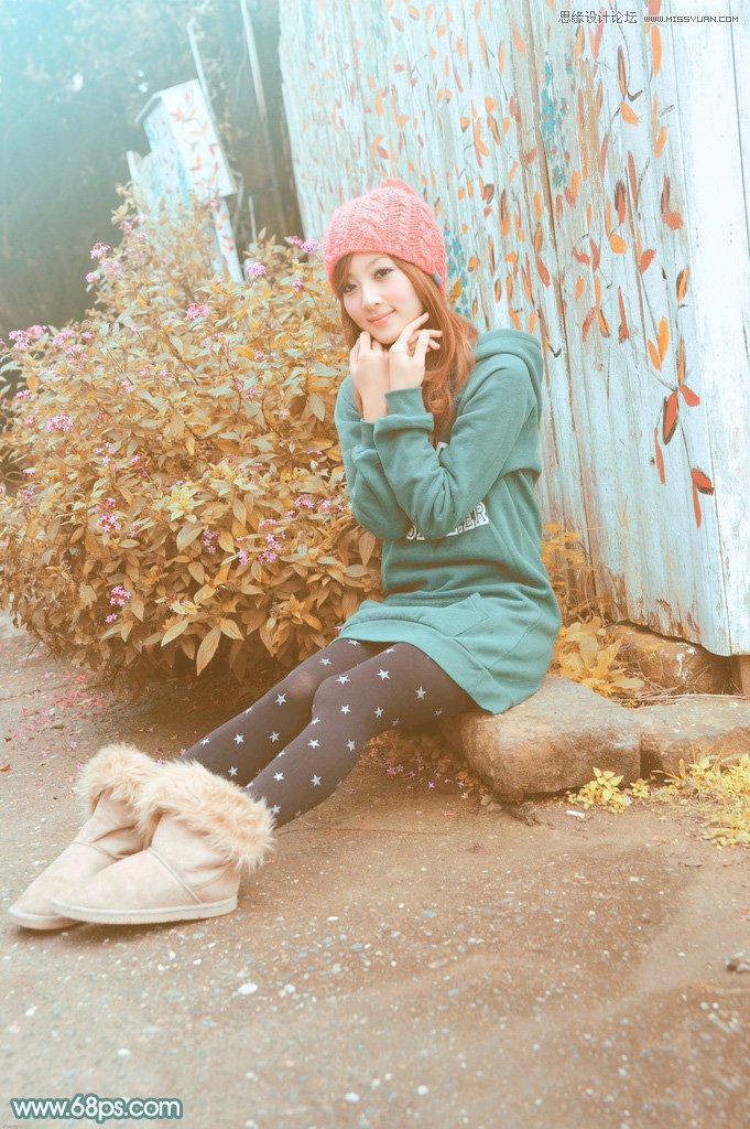 PS调出墙边女孩唯美的柔色效果