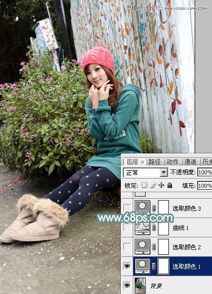 PS调出墙边女孩唯美的柔色效果