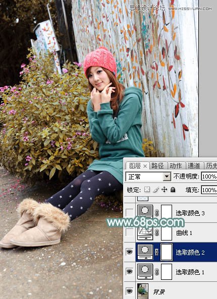 PS调出墙边女孩唯美的柔色效果