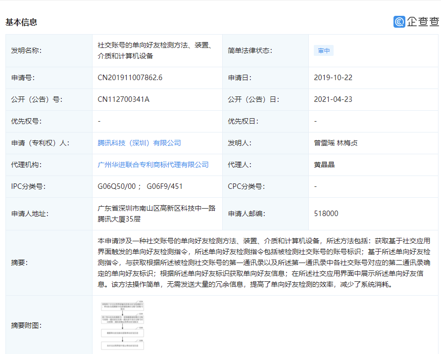 腾讯公开 “单向好友检测”专利，无需群发冗余信息更简单