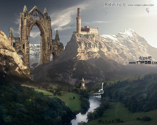 PS合成山顶上巍峨城堡教程