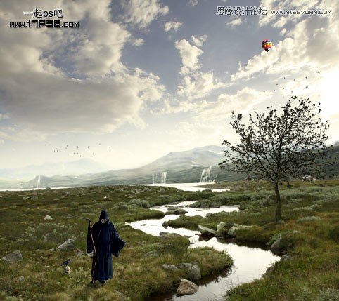 PS合成瀑布山谷下的游荡巫师