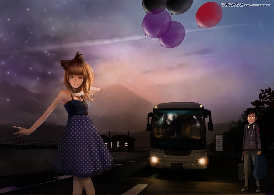 PS绘制富士山下的甜美可爱女孩