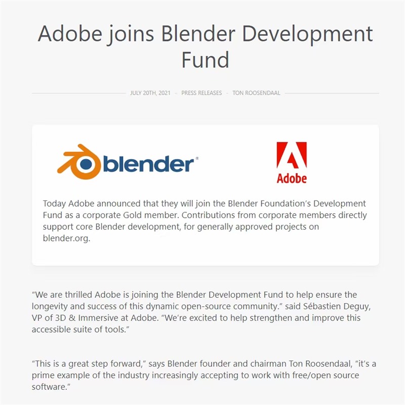 Adobe 加入 Blender 基金会：捐款将会直接支持 Blender 核心开发