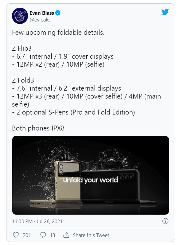 三星 Galaxy Z Fold3 新爆料:屏下前摄预计为 400 万像素