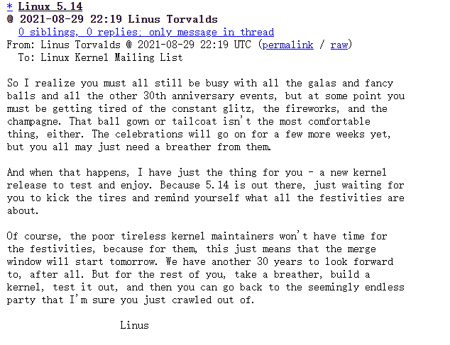 内核 30 周年之际，Linux 5.14 版本发布