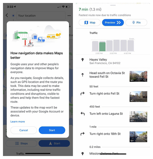 用户如果不同意分享实时位置数据,谷歌地图将限制导航功能