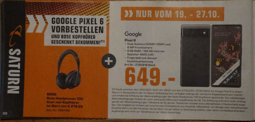 谷歌 Pixel 6 德国售价曝光：649 欧元，预购送 BOSE 700 耳机