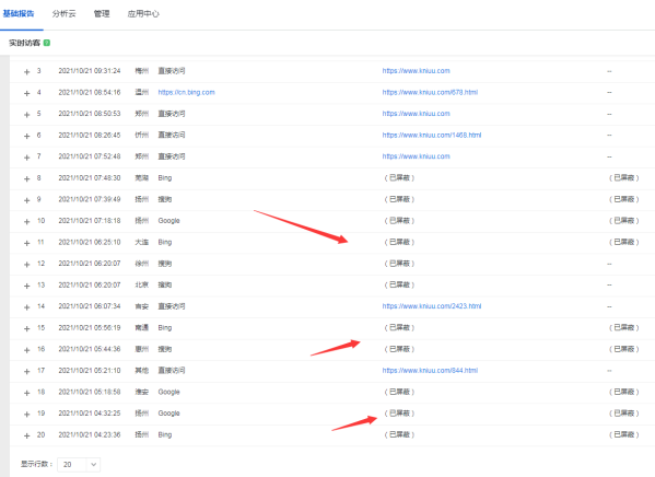 百度统计后台实时访客中,出现(已屏蔽)是什么意思?
