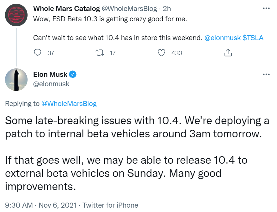 马斯克:特斯拉内部测试车辆明天安装 FSD 10.4,顺利的话周日向用户推出