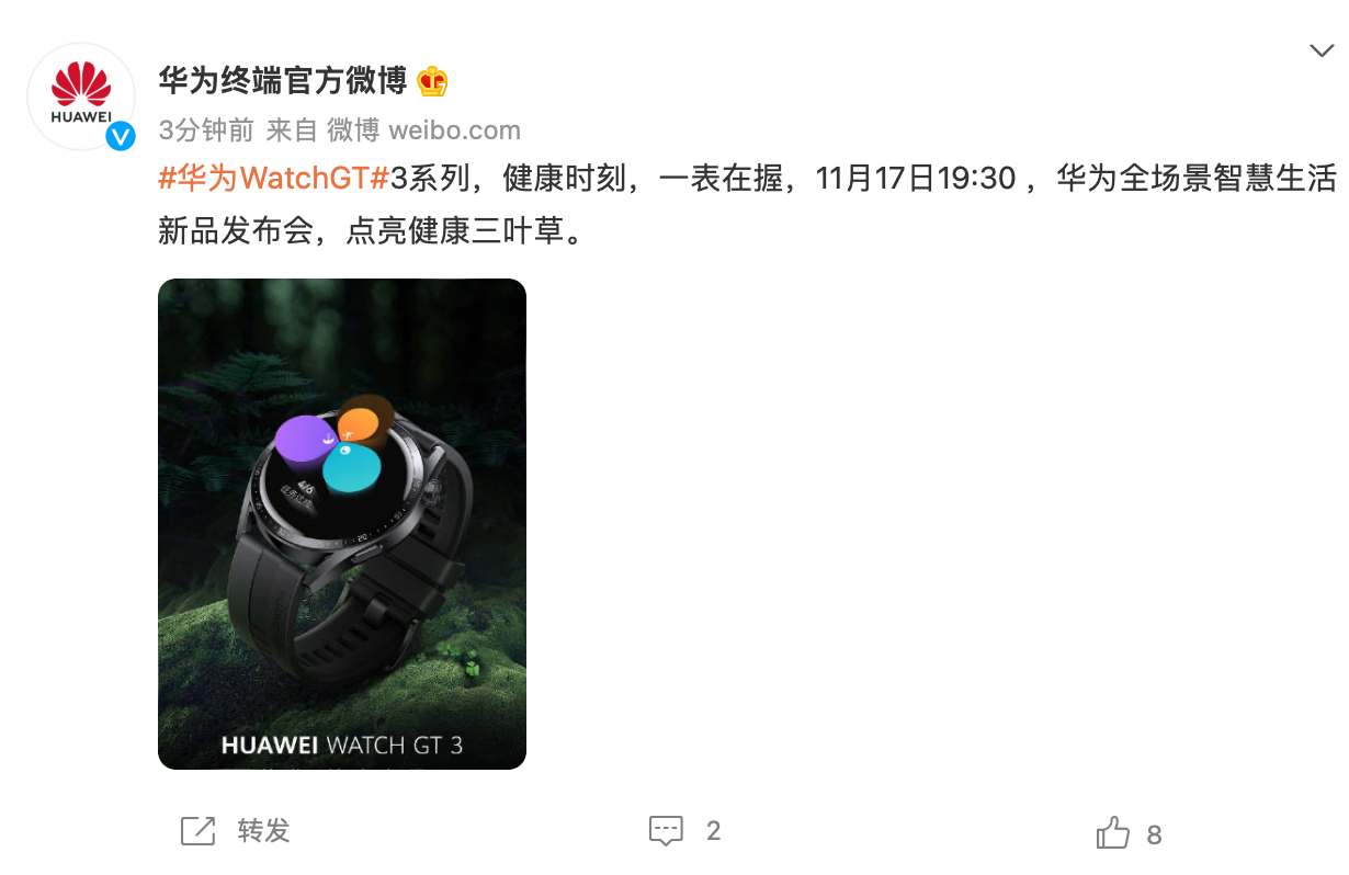 华为 WatchGT 3 系列 11 月 17 日国内发布