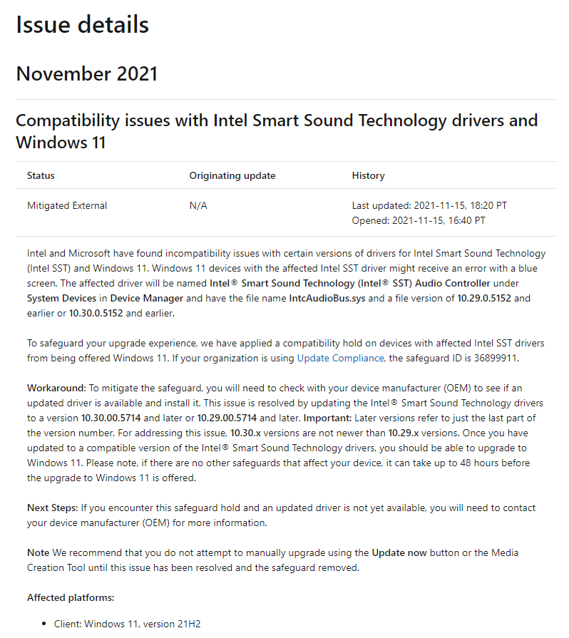 微软证实:某些版本的英特尔 SST 音频驱动会导致 Win11 蓝屏