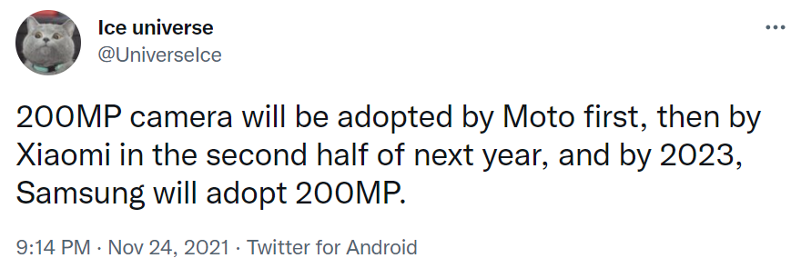 爆料：三星2亿像素传感器将由摩托罗拉首发，小米明年下半年采用