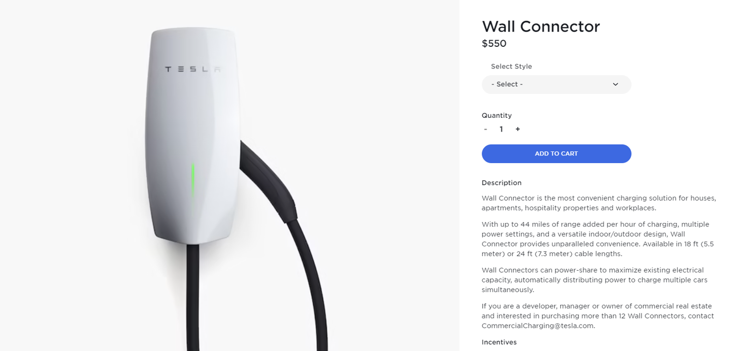 特斯拉美国壁挂式充电器价格上调 10%：从 500 美元增至 550 美元