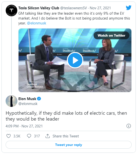 通用自称是电动汽车领导者 特斯拉CEO马斯克回应:数量远远不够