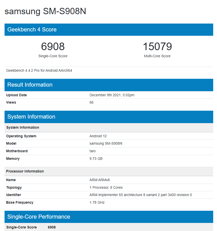 三星 Galaxy S22 Ultra 在 Geekbench 曝光:8/12GB 内存,跑分超骁龙 888