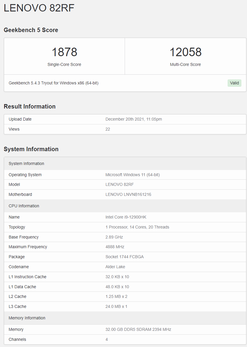 联想新机曝光英特尔 i9-12900HK:14 核 20 线程,辅以 32GB DDR5 内存