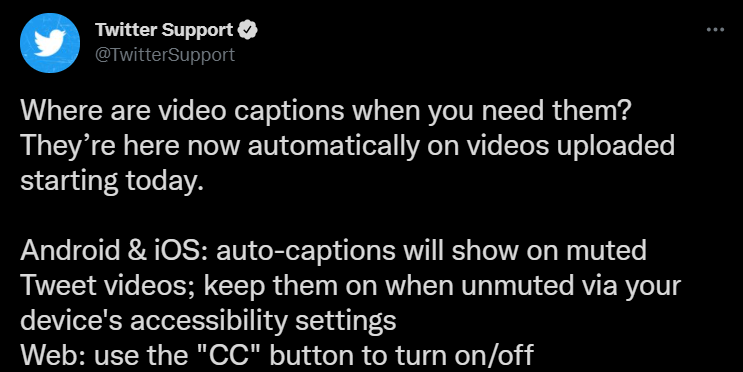 推特 Twitter 将为视频自动添加字幕，支持中文
