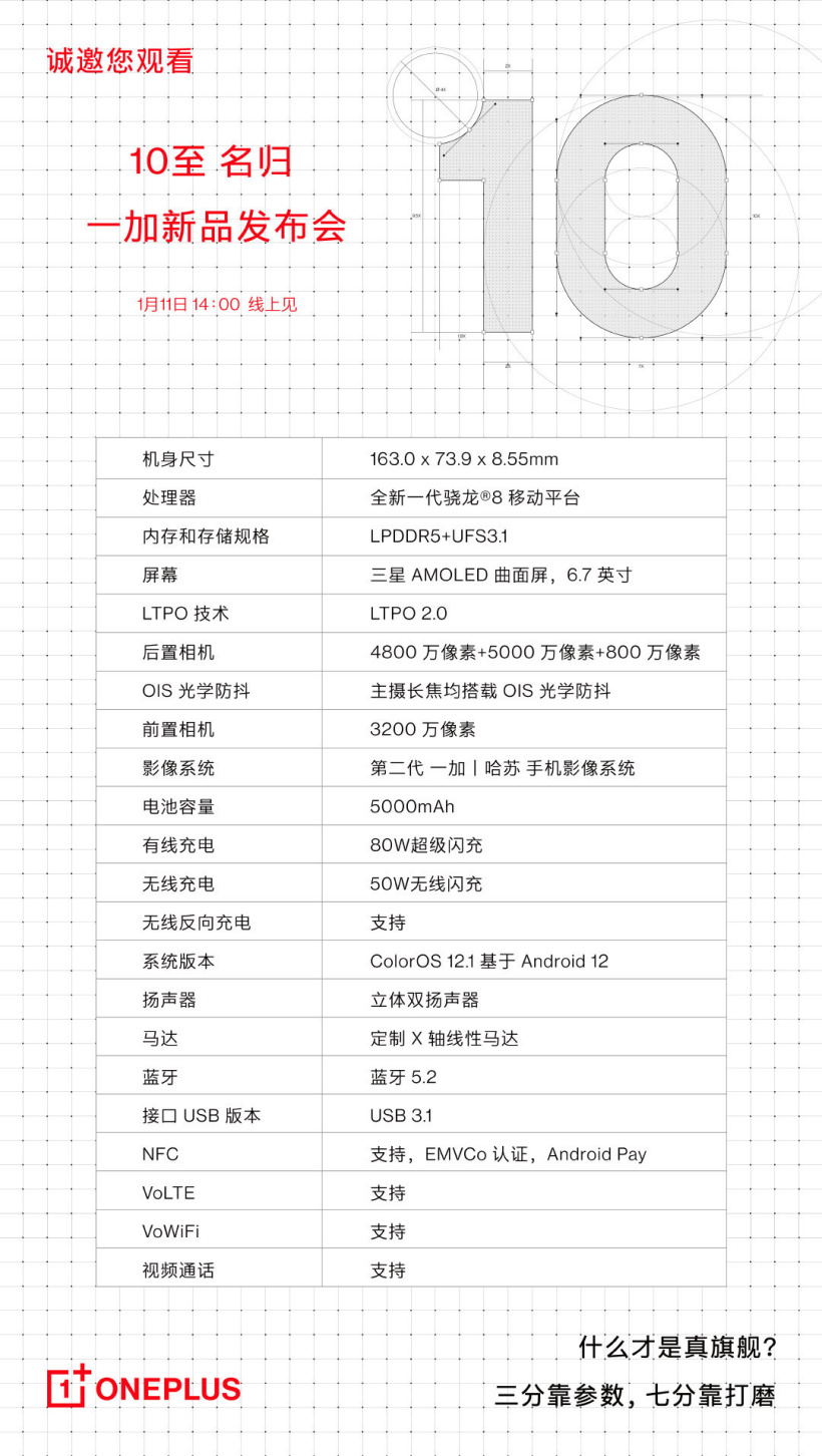 一加 10 Pro 完整参数公布：搭载骁龙 8 Gen 1，支持 OIS 光学防抖，定制 X 轴线性马达