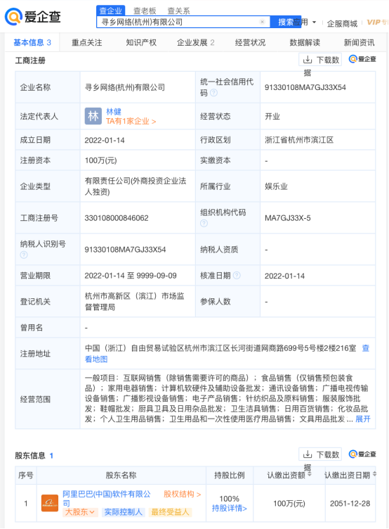 爱企查显示,阿里巴巴成立寻乡网络公司,注册资本100万元