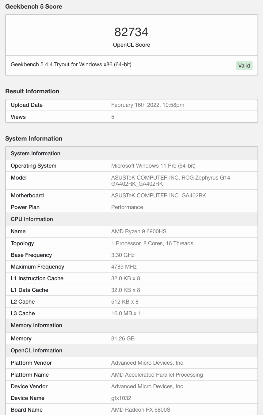 ROG 新款幻 14 Geekbench 跑分出炉:RX 6800S 分数不及 RTX 3060