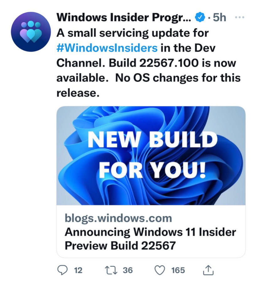 微软发布 Win11 Dev 预览版 22567.100 (KB5012427) 更新