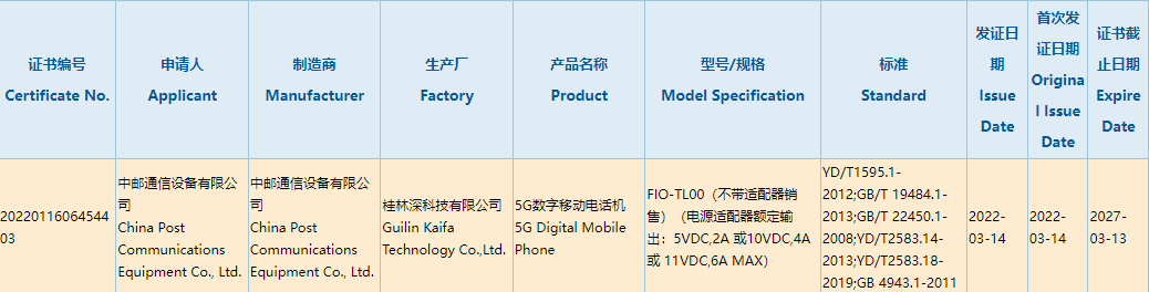 中邮通信 5G 新机通过国家 3C 质量认证：不带充电器销售，支持 66W 快充