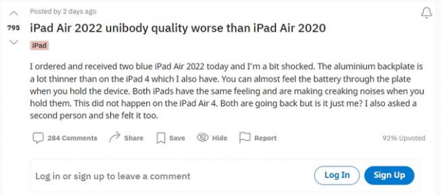 外媒：部分用户称苹果iPad Air 5产品质量下降 外壳有异响