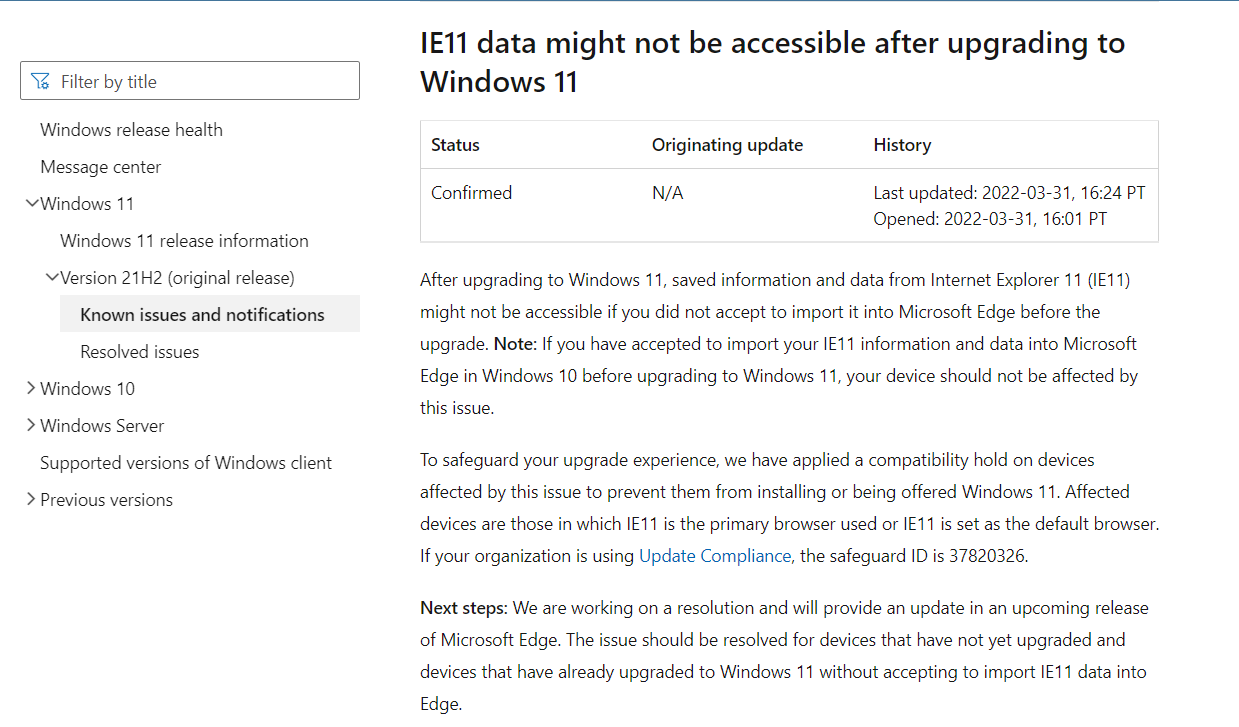 微软：IE 浏览器用户注意，Win10 升级 Win11 出现 Bug，可能会丢失数据