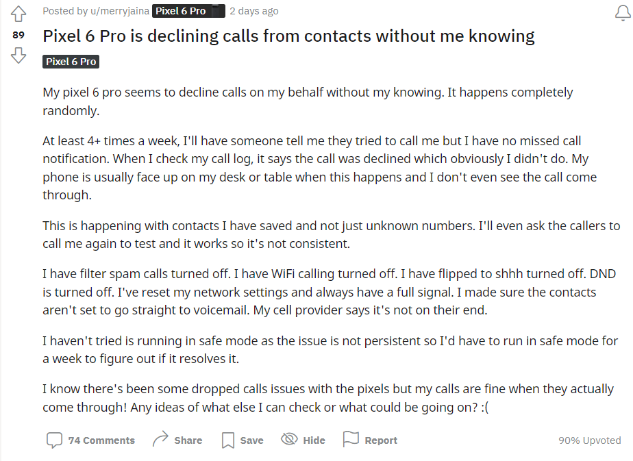 用户反馈称谷歌 Pixel 6 会自动替人拒接电话