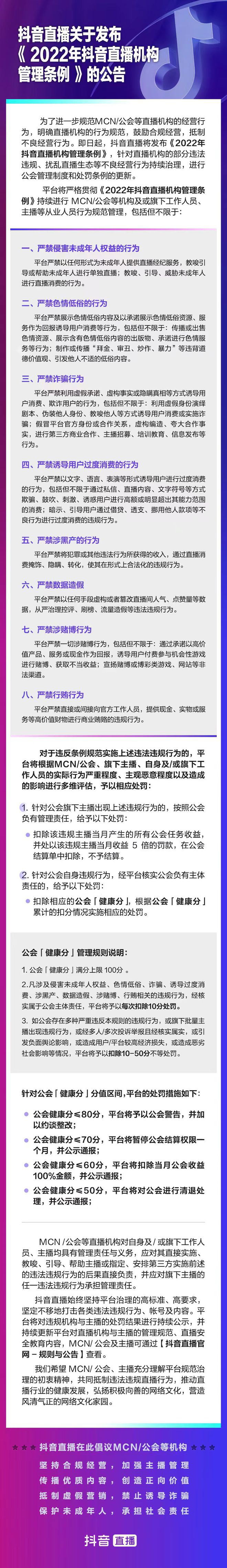 抖音直播推出直播机构“健康分”制度，满分 100 低于 50 直接清退