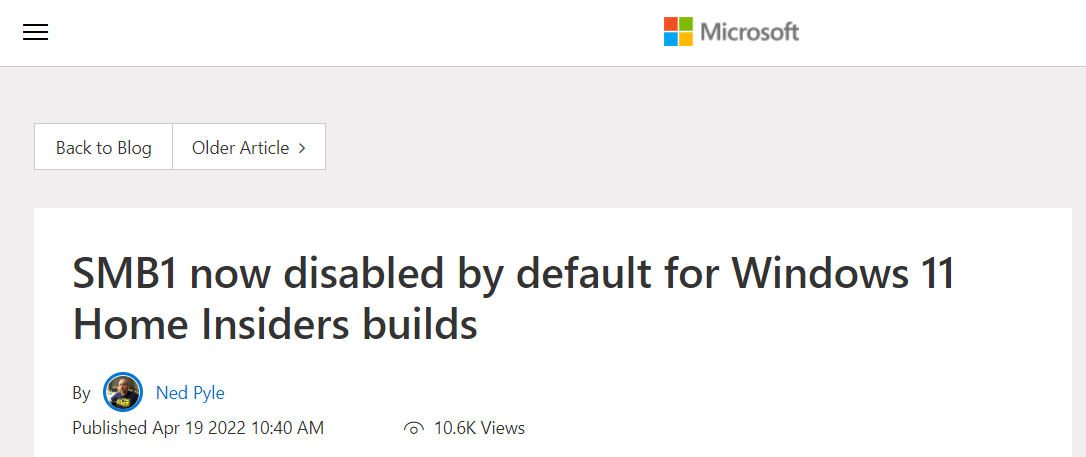 微软 Win11 即将禁用 30 多年历史的 SMB1 传输协议